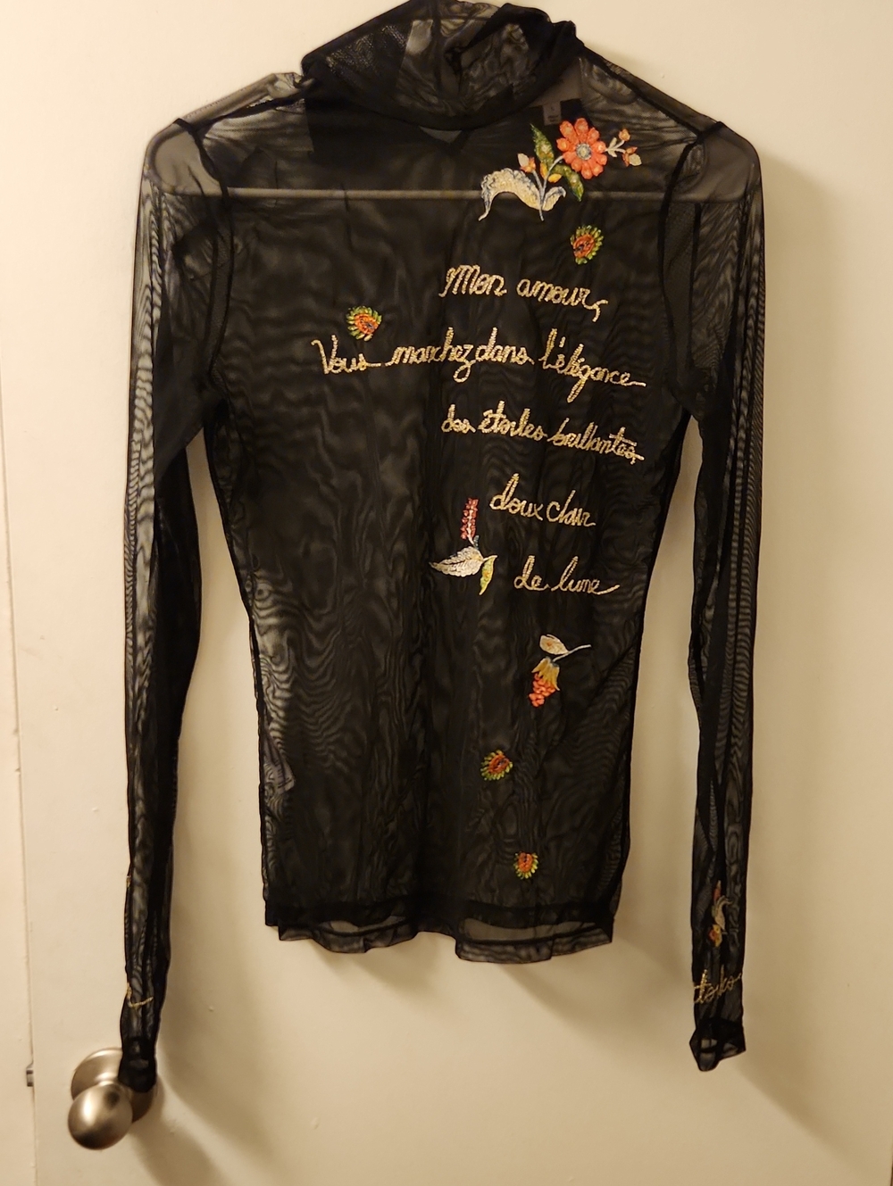 Cinq A Sept Sheer Black Embroidered Long-Sleeve Top - S